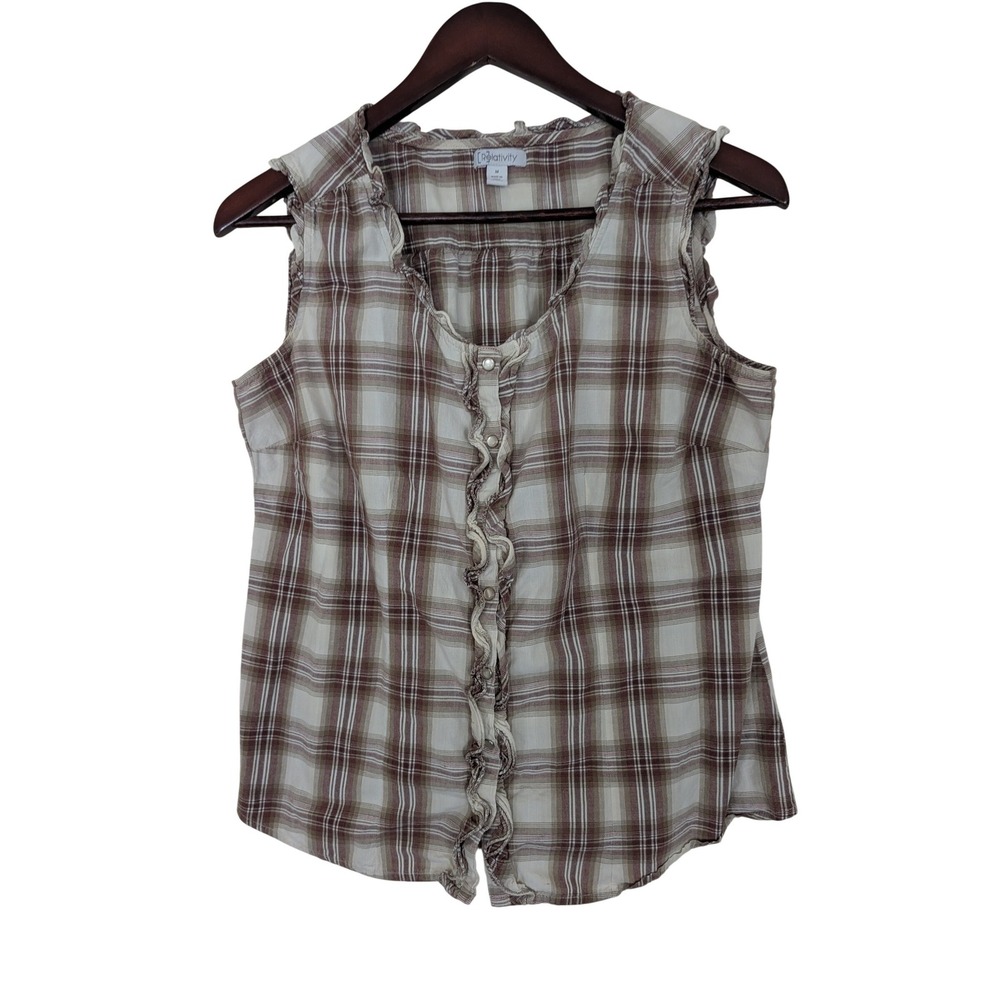 Relativity Womens Medium Brown Plaid Sleeveless Ruffle‎ Pearl Snap Cotton Blouse